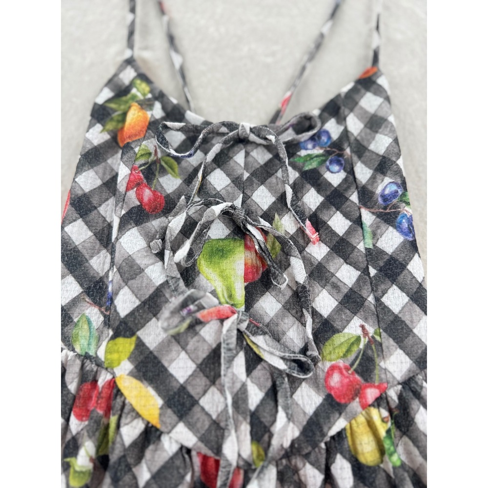 Unbranded - Midi Dress Gingham Fruit Print Lace Up - Black - M - Women - Picture 3 of 8